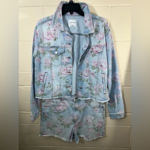 Celebrity pink denim floral shorts and matching denim jacket